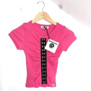 DAYDREAMER Hook & Eye Ribbed Cotton Baby Tee Pink Cosmo NEW Size XS